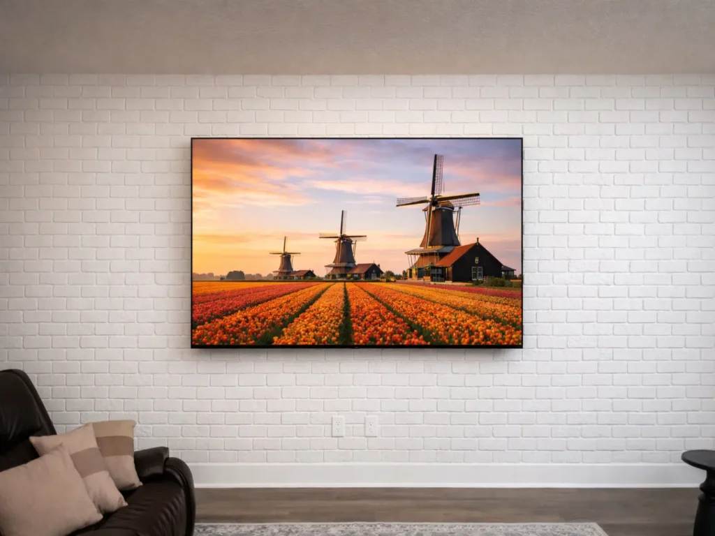 TV wall mounting on white brick wall in Shores Florida