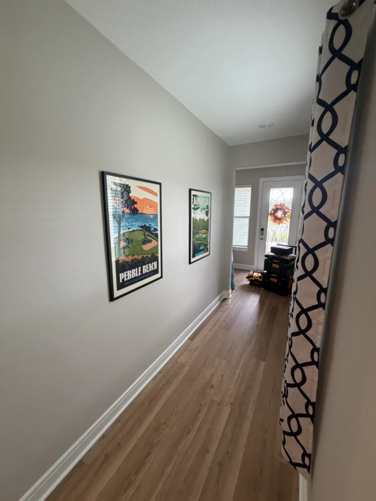 Two framed pictures professionally measured, leveled, and installed on a hallway wall in Ocala Florida