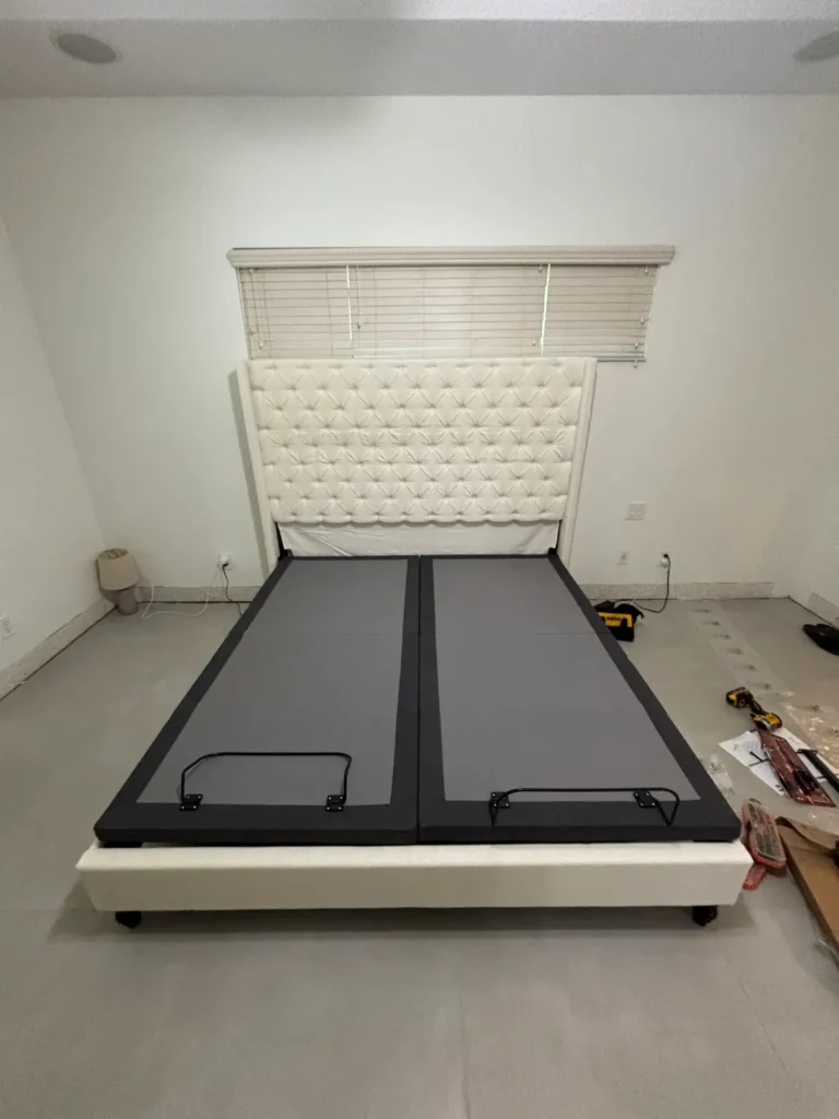 Upholstered bed frame being professionally assembled in Ocala Florida